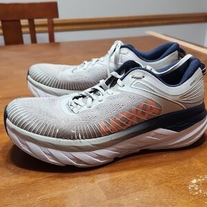 Hoka One One Bondi 7 Sneakers in Gray and Navy with Orange Accents